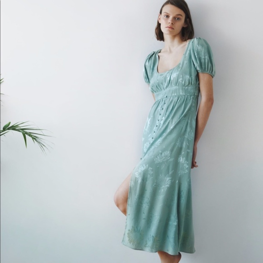 NWT Zara Blue Green Midi Jacquard Dress XS